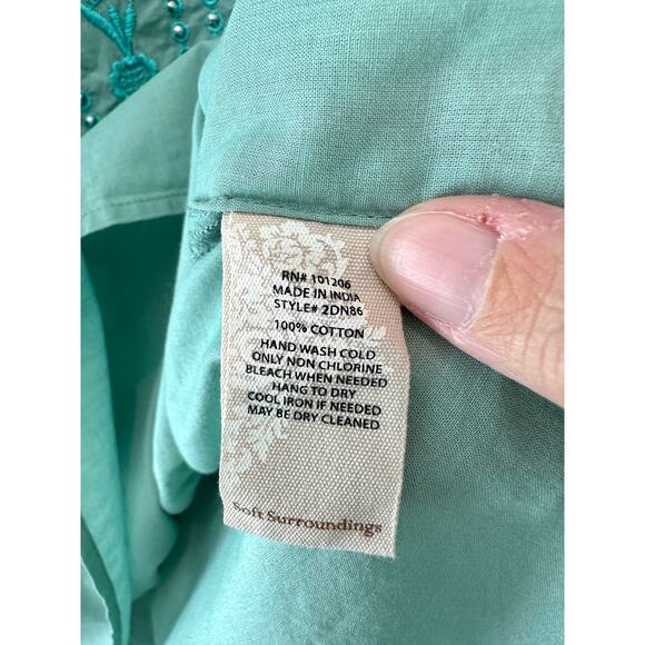 SOFT SURROUNDINGS | Teal Embroidered Cotton Boho Tassel Blouse Top | Medium - Picture 7 of 7